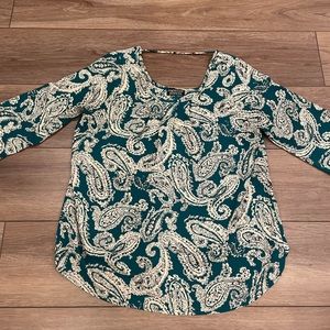 Papermoon For Stitch Fix Womens Top Teal and Beige Paisley pattern 3/4 sleeves